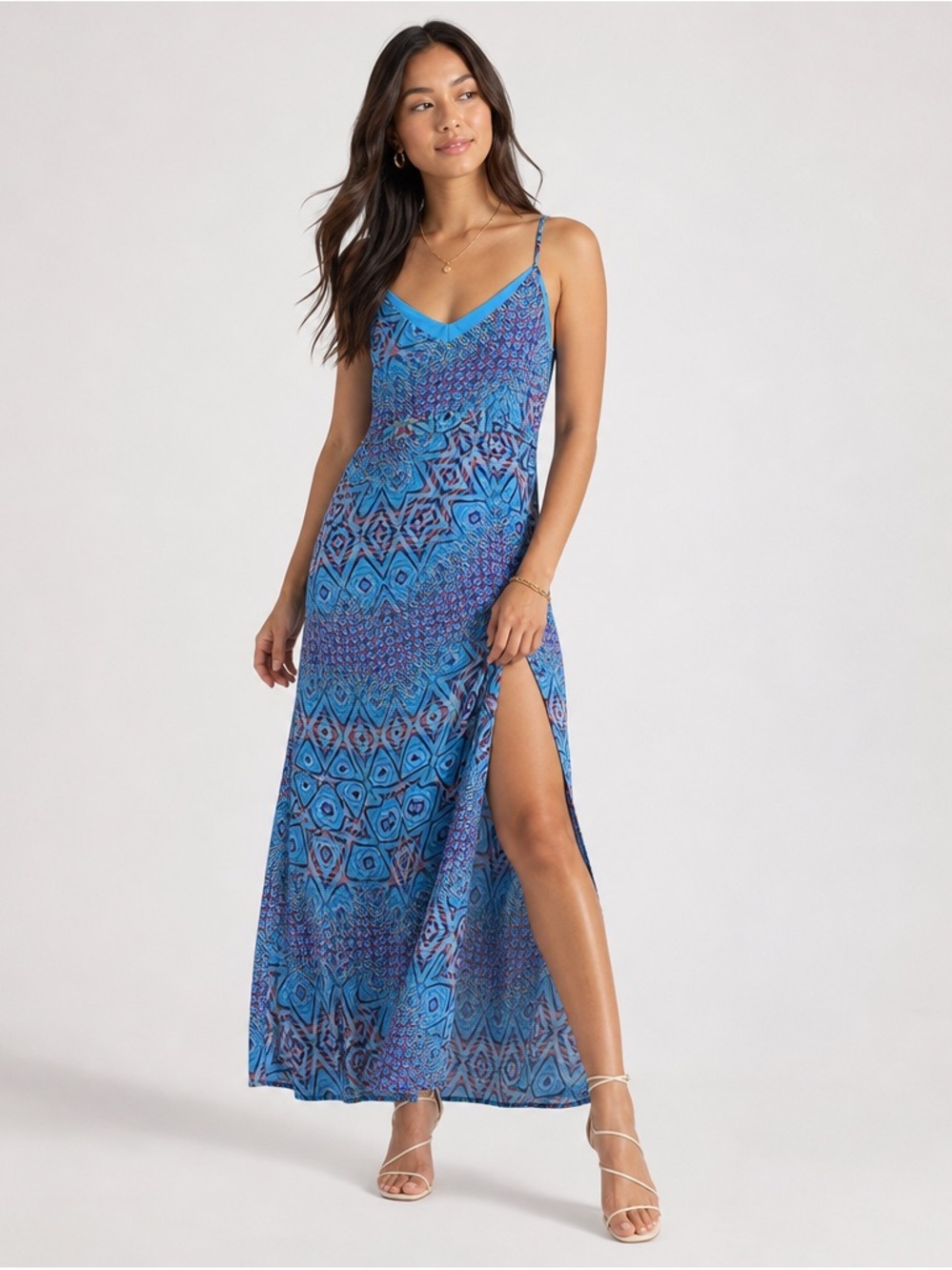 Charlie Jade Blue Geometric Abstract Maxi Dress Slit Sz S